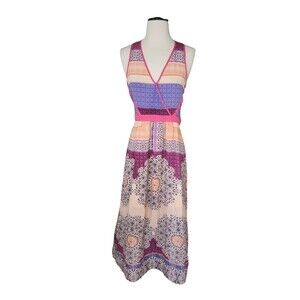 Spotlight By Warehouse Silk Mixed Print Maxi Dress Women's 6 US Pink Art To Wear